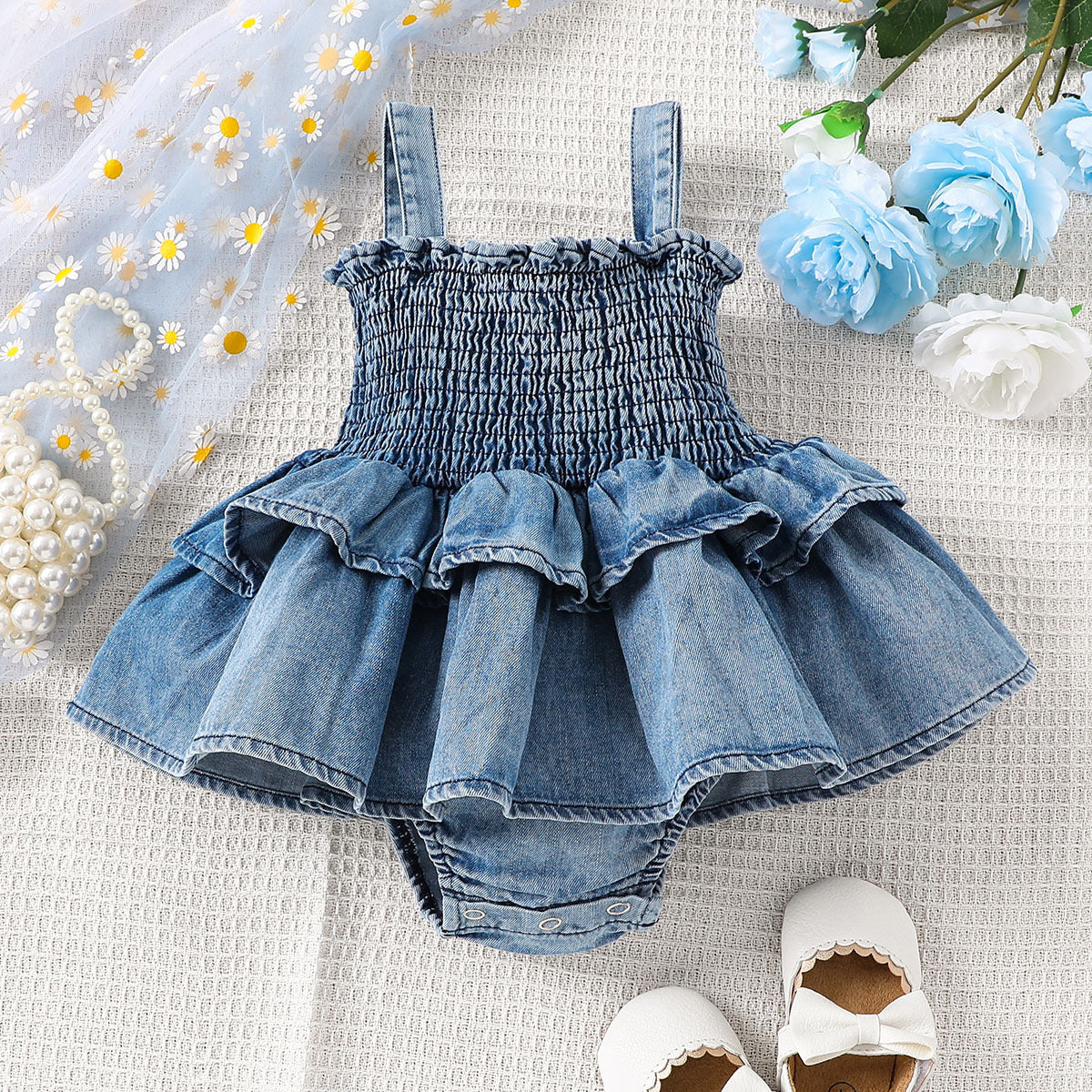 Newborn Baby Girl Denim Suspender Romper Dress
