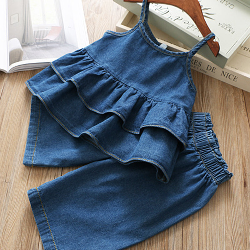 Korean Denim Jacket and Wide Leg Pants Kids Set
