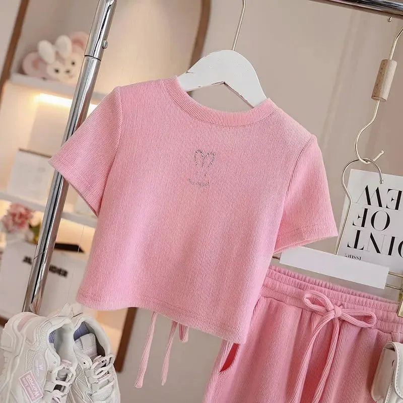 2025 Summer Teen Girls Clothing Set Solid Color Backless T-shirt+Wide Leg Pants 2Pcs Fashion Suit For 4-12Y Kids Casual Outfits