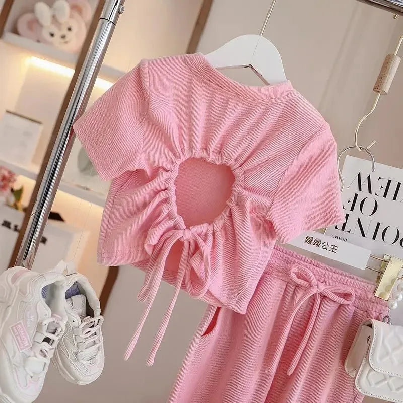 2025 Summer Teen Girls Clothing Set Solid Color Backless T-shirt+Wide Leg Pants 2Pcs Fashion Suit For 4-12Y Kids Casual Outfits
