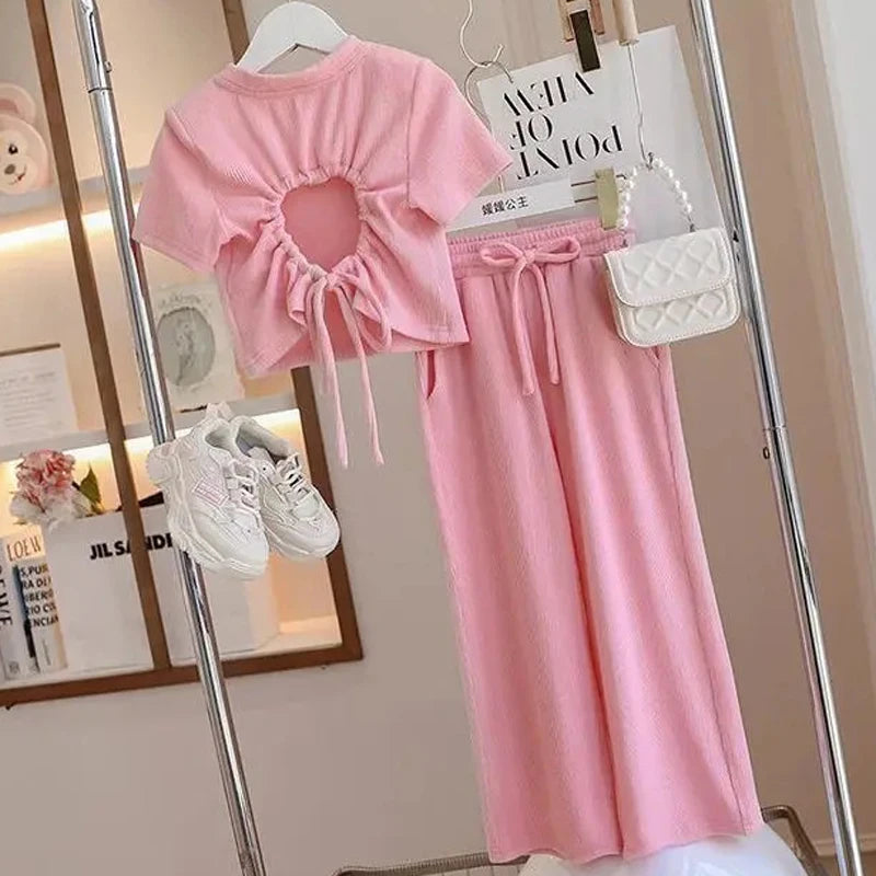 2025 Summer Teen Girls Clothing Set Solid Color Backless T-shirt+Wide Leg Pants 2Pcs Fashion Suit For 4-12Y Kids Casual Outfits