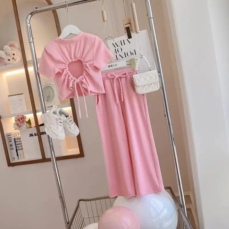 2025 Summer Teen Girls Clothing Set Solid Color Backless T-shirt+Wide Leg Pants 2Pcs Fashion Suit For 4-12Y Kids Casual Outfits