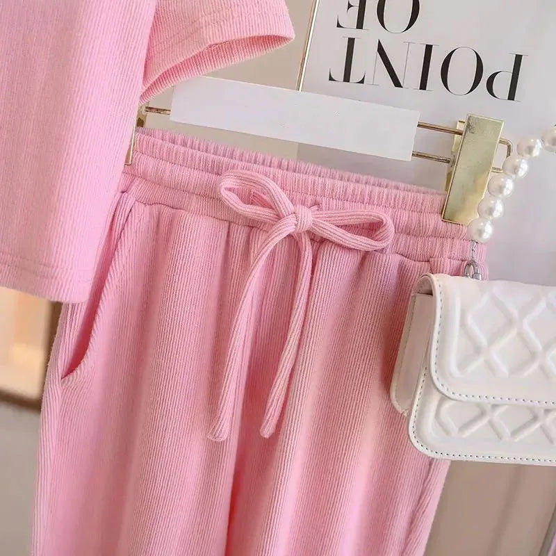 2025 Summer Teen Girls Clothing Set Solid Color Backless T-shirt+Wide Leg Pants 2Pcs Fashion Suit For 4-12Y Kids Casual Outfits