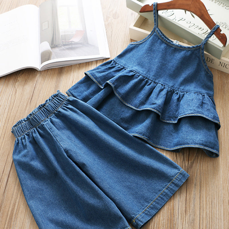 Korean Denim Jacket and Wide Leg Pants Kids Set