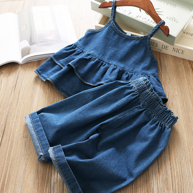 Korean Denim Jacket and Wide Leg Pants Kids Set